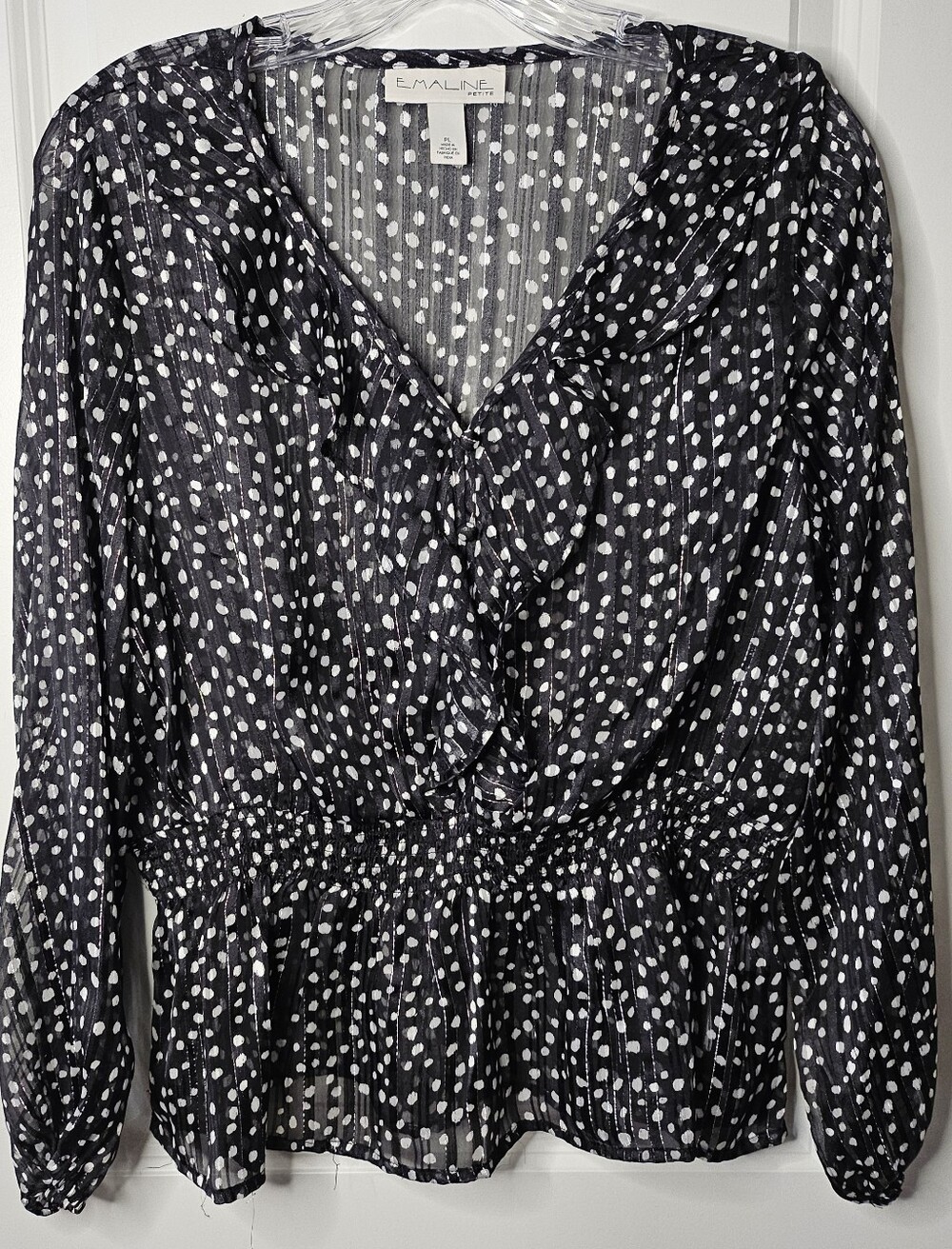 Emaline Petite Large Black Polka Dot Blouse Ruffle Smocked Peplum Sheer Metallic - Picture 2 of 14